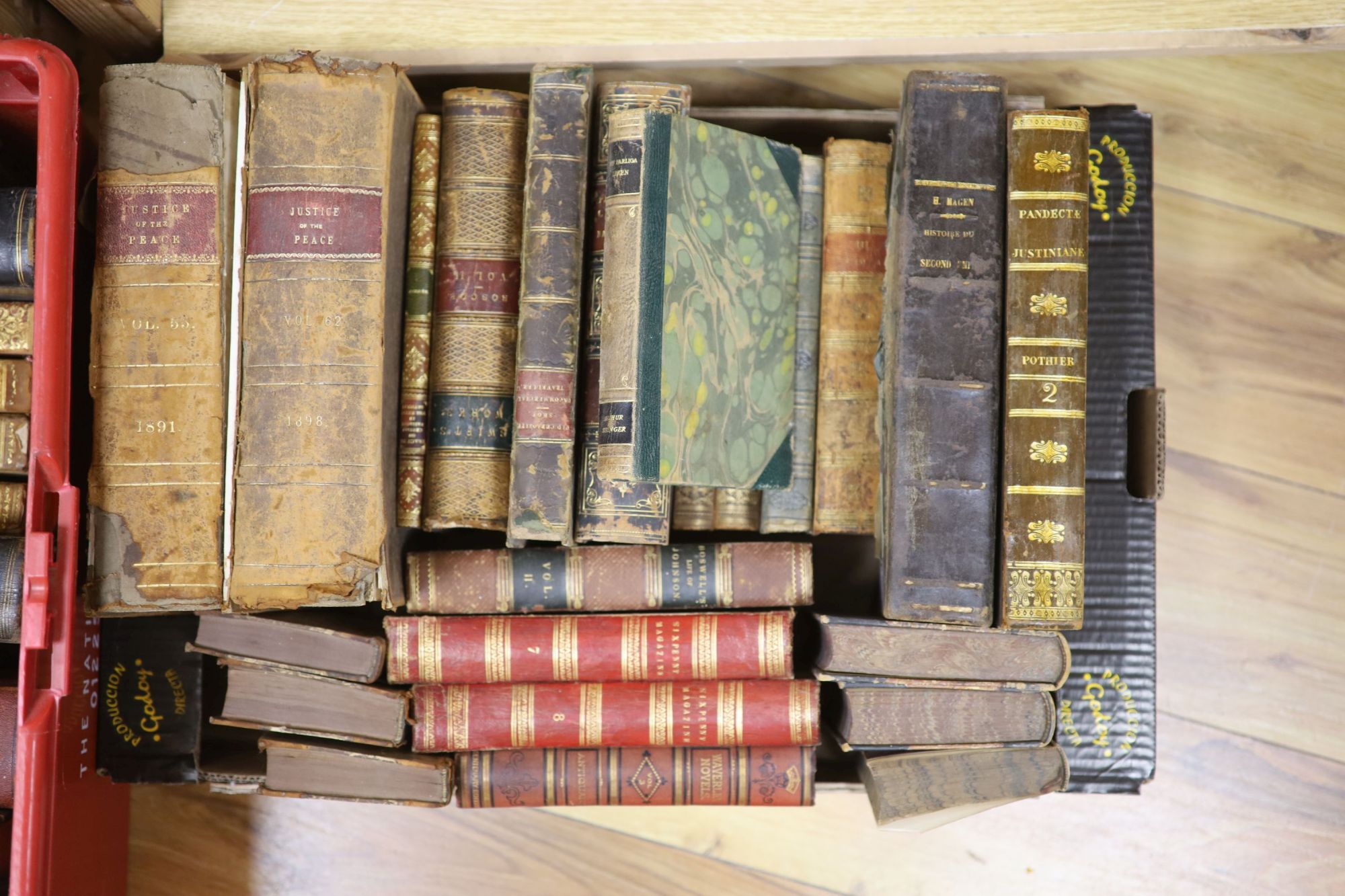 Three boxes of various decorative bindings